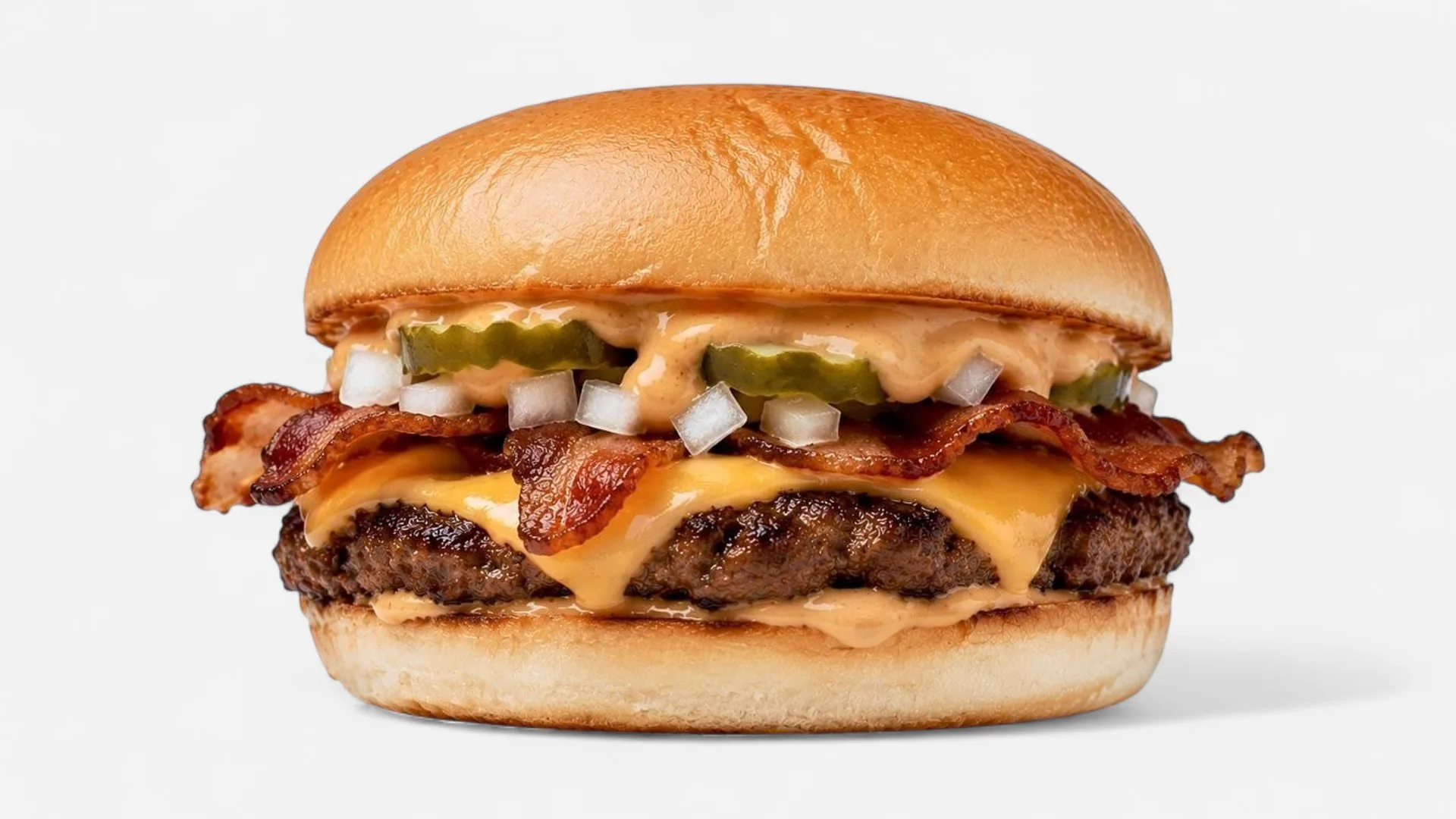 Texas Burger from Texas Backyard: cheddar, bacon, Texas sauce, pickles, and white onion on a toasted bun.